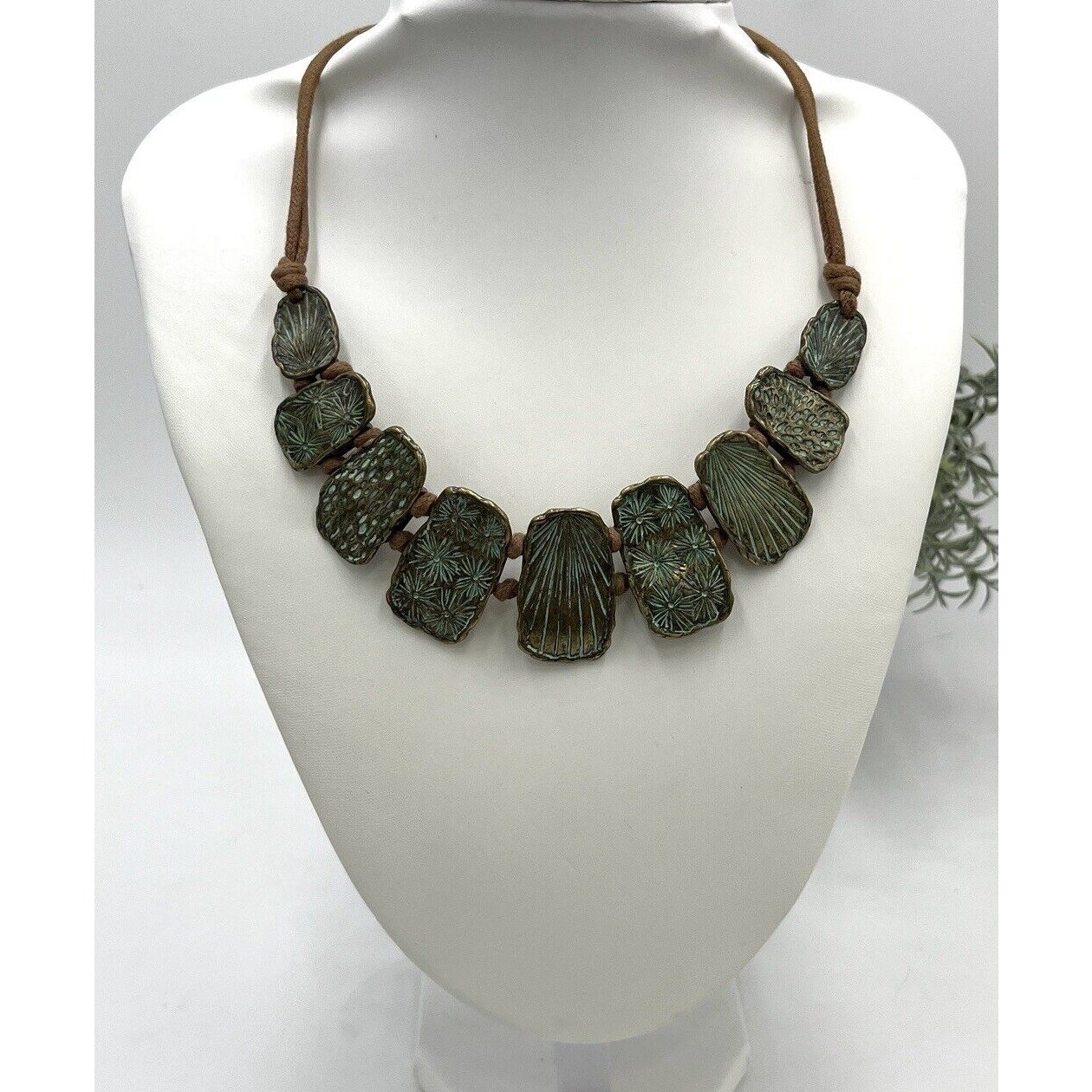 St Thomas Etched Medallions Copper Tone Brown Suede Patina Statement Necklace 30$
